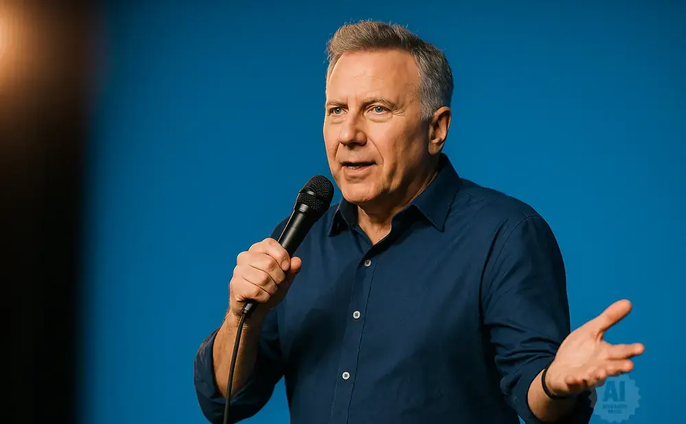 A man in a dark blue shirt holds a microphone and gestures with his other hand against a blue background.