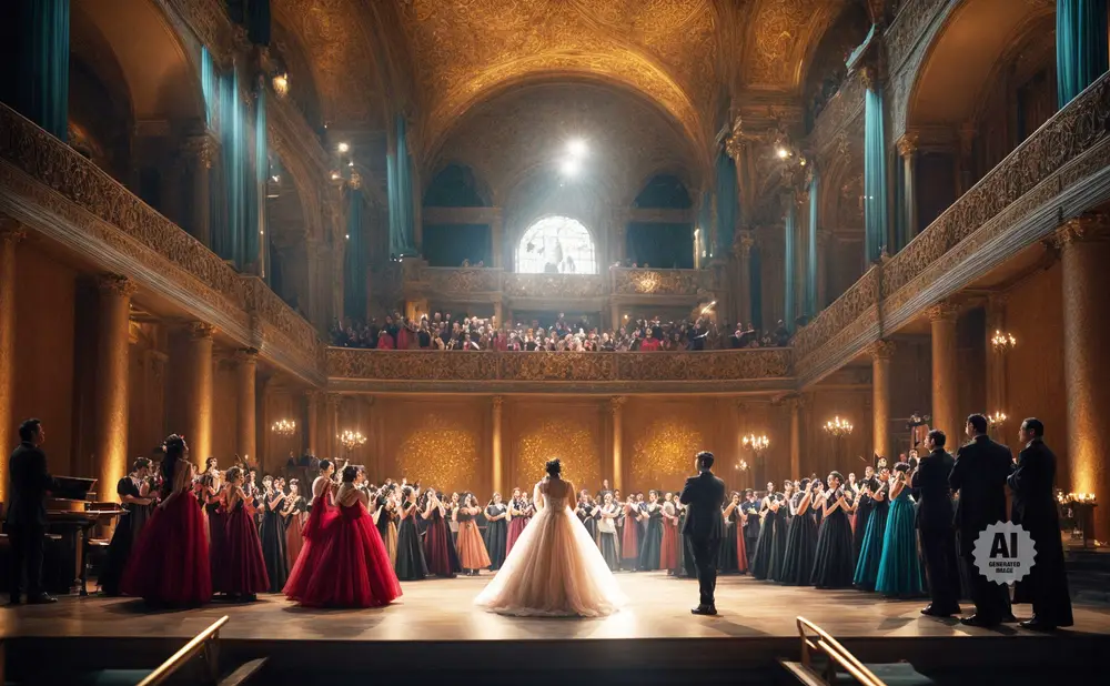 An orchestra performs in a grand, ornate hall filled with people in formal attire.