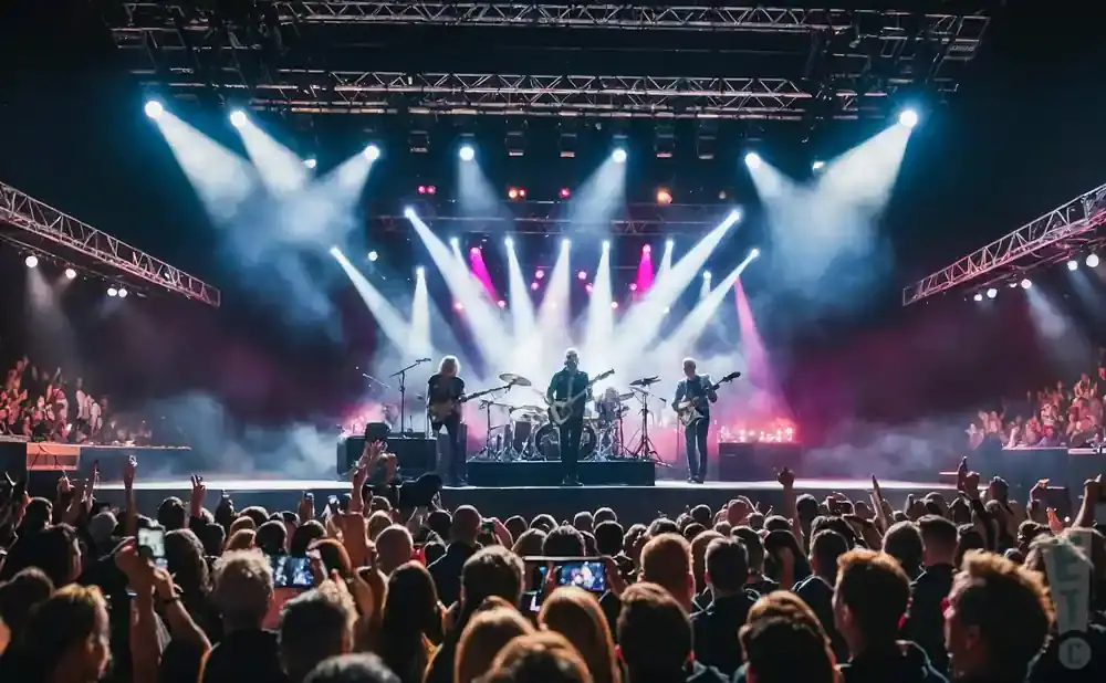 A rock band performs on a brightly lit stage for a cheering crowd, many holding up phones.