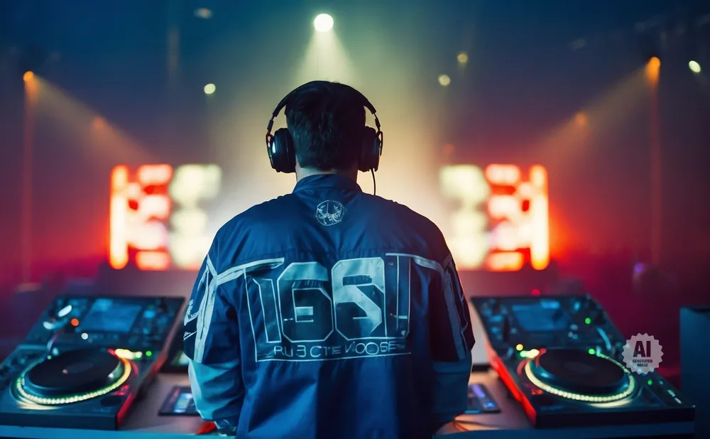 DJ with headphones on, standing at turntables in a club with neon lights.