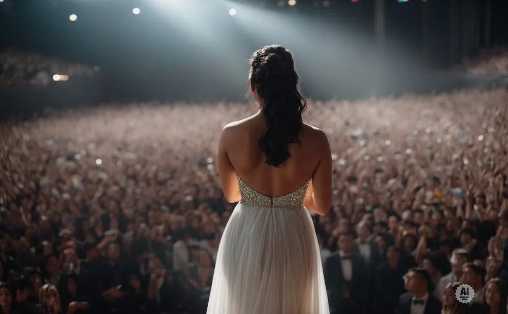 Woman in a white gown on stage facing a large, cheering audience under a spotlight.