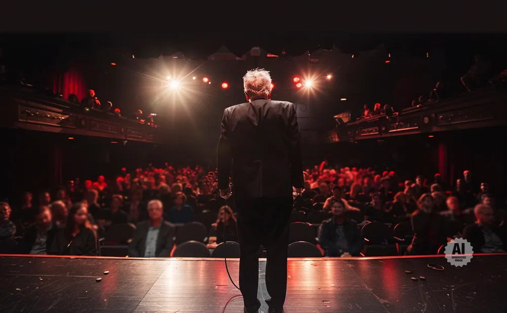 A man in a suit on stage faces a crowded audience in a dimly lit theater.