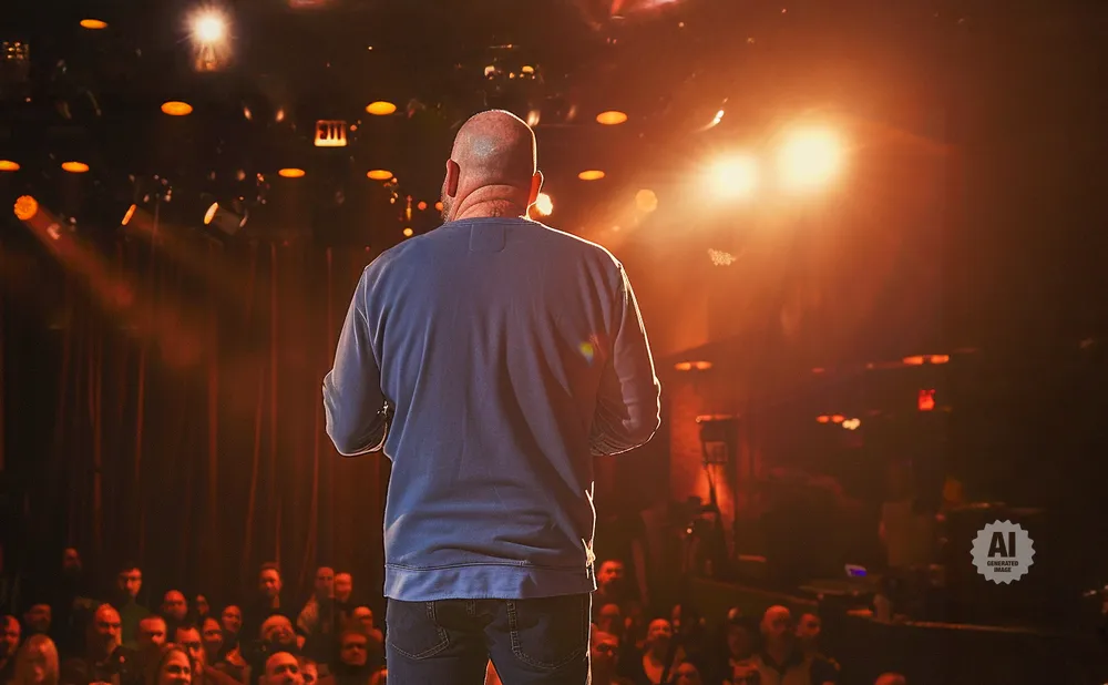 A bald man stands facing away from the camera on a dimly lit stage, with a crowd of people watching.