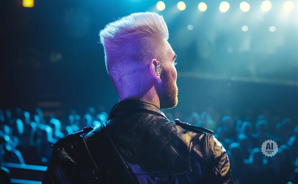 Man with spiked blonde hair and beard on stage, wearing a leather jacket, facing away from the camera.