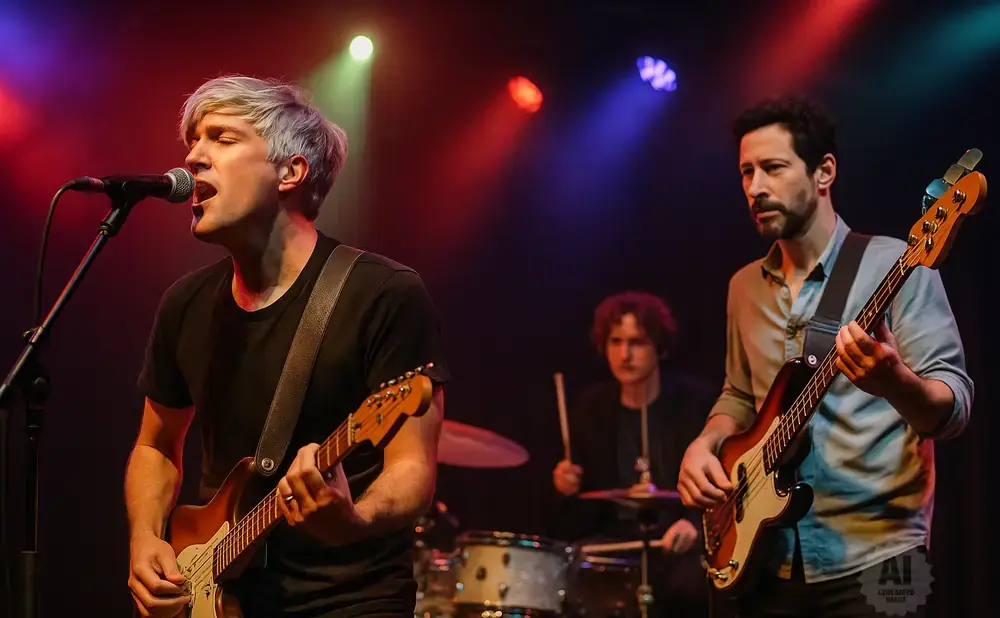 A band performs on stage with a lead singer, bassist, and drummer.