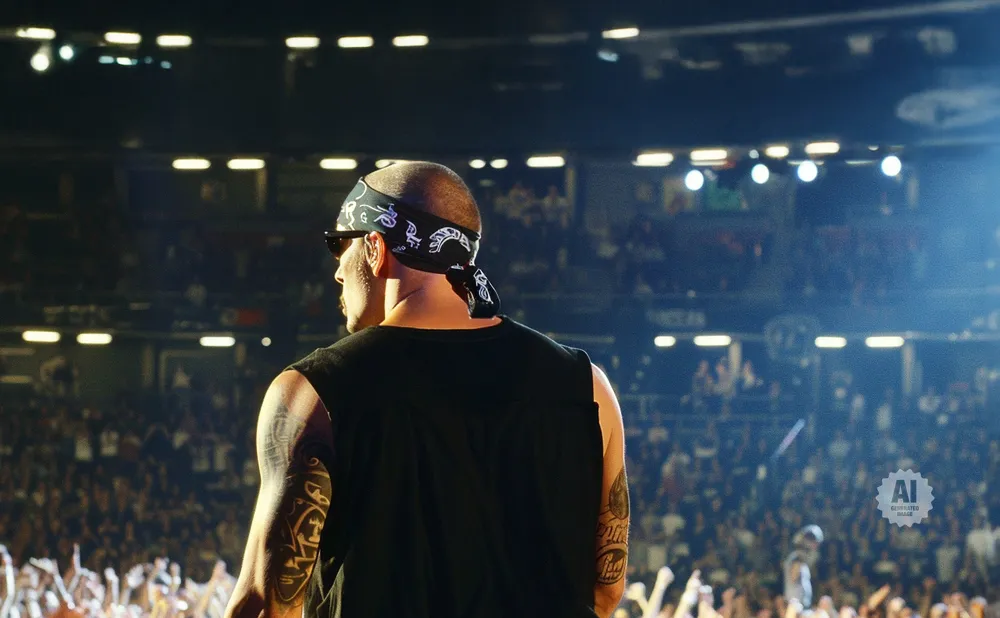 Man with bandana and tattoos on stage facing a cheering crowd in a stadium.
