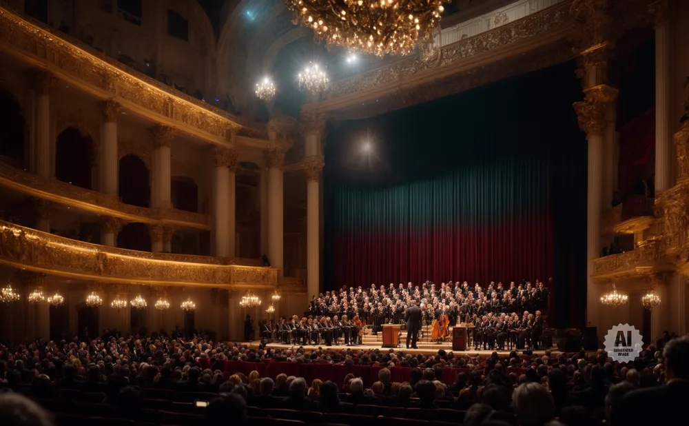 A choir and orchestra perform on stage in a grand, ornate opera house, with an audience in the foreground.