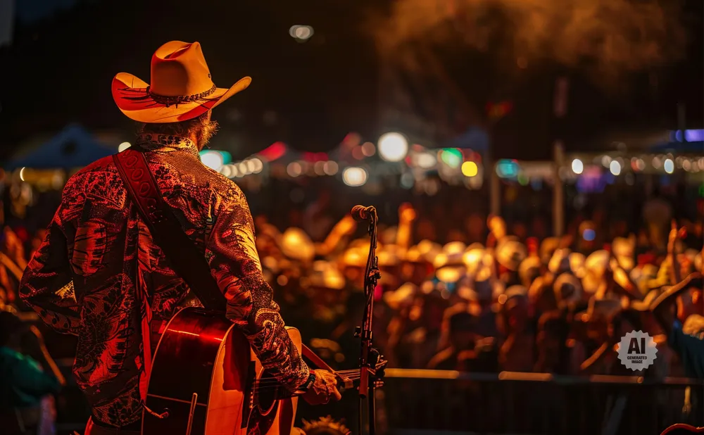 A country musician with a cowboy hat and guitar plays on stage with a blurred crowd in the background.