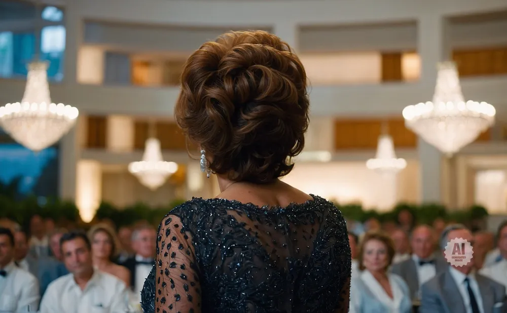 A woman with an elaborate updo addresses a seated audience in a chandelier-lit hall.