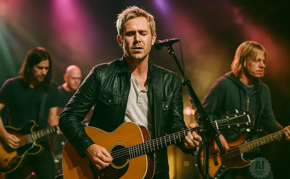 A band performs on stage with a lead singer playing an acoustic guitar and wearing a black leather jacket.