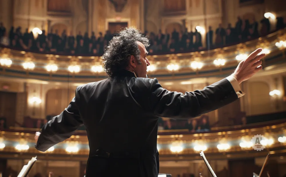 A conductor with curly hair leads an orchestra in a grand concert hall.
