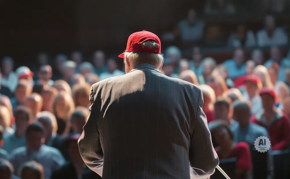 Man in red cap and suit speaks to a crowd.