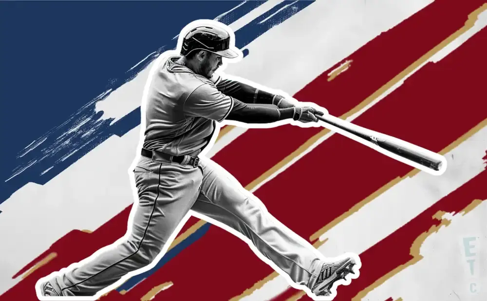 A baseball player swings a bat against a red, white, and blue backdrop.