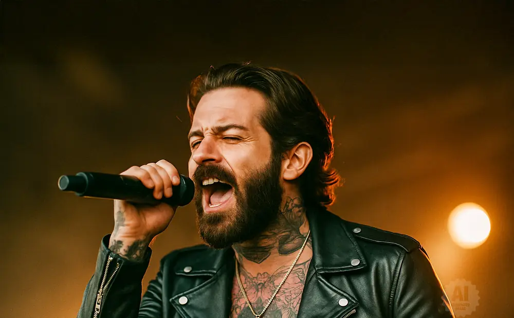 Man with beard and tattoos singing into a microphone, wearing a leather jacket.