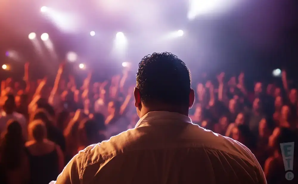A performer on stage looks out at a cheering crowd under bright lights.