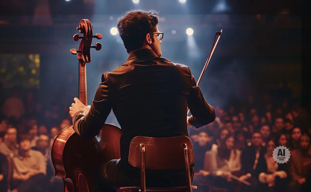 A cellist plays for an audience on a stage lit by spotlights.