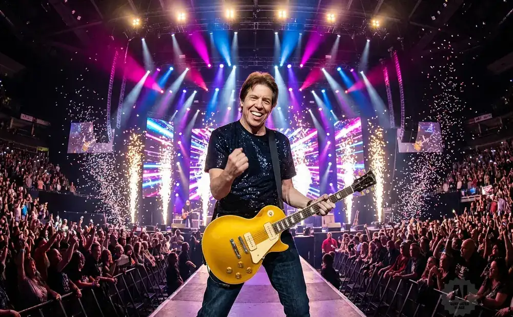 Musician plays a gold electric guitar on stage with confetti and fireworks in front of a cheering crowd.