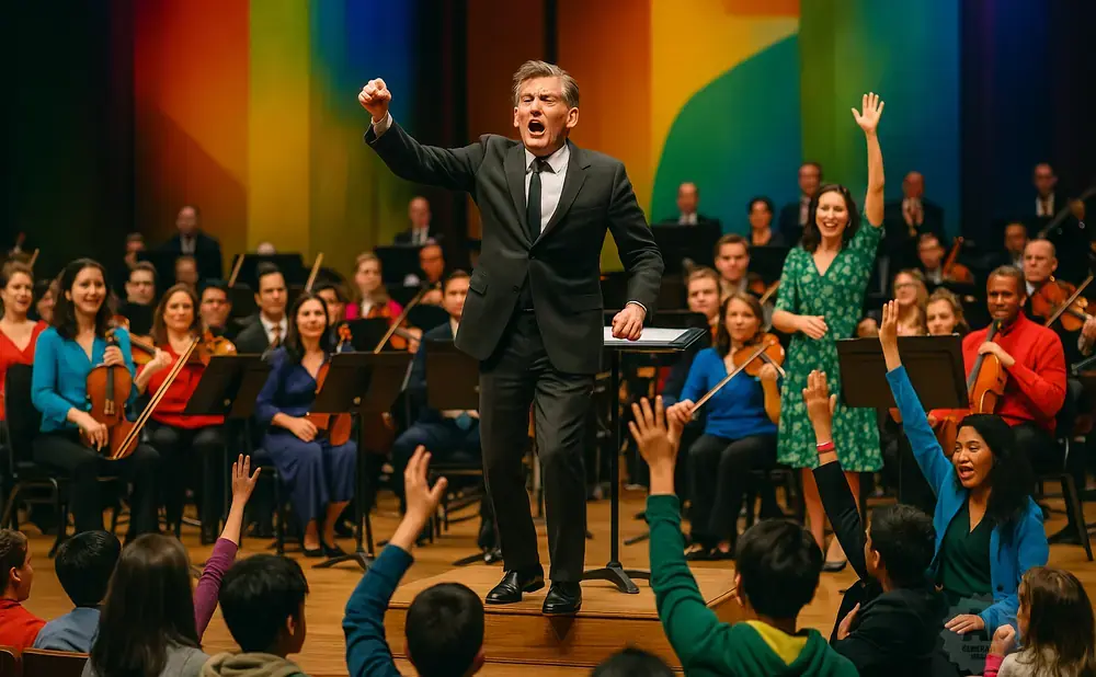 Conductor leads an orchestra with a diverse audience, including children, raising their hands.