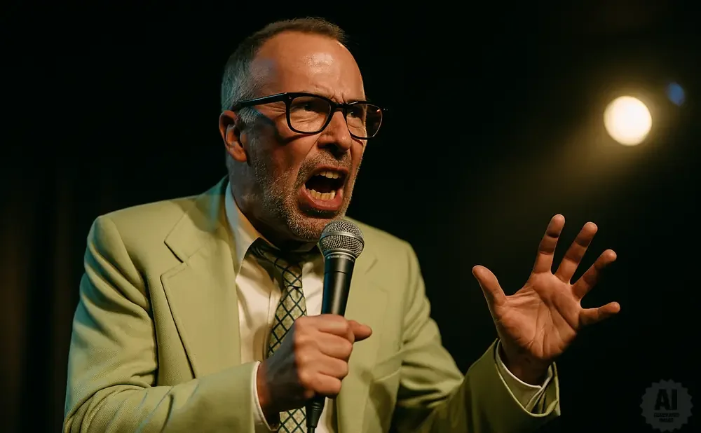 Man in a light green suit and tie, wearing glasses, speaking animatedly into a microphone with his hand raised.