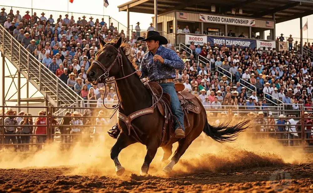 Cowboy on horseback in a rodeo arena, dust flying, with a large crowd in the stands.