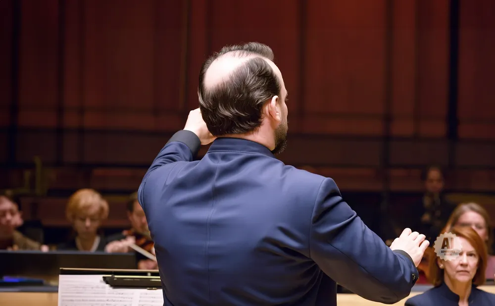 A conductor with thinning hair stands with his back to the camera, conducting an orchestra.