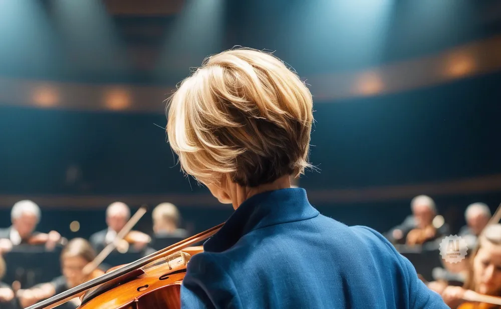 Conductor facing away from camera, leading orchestra with cello in foreground.