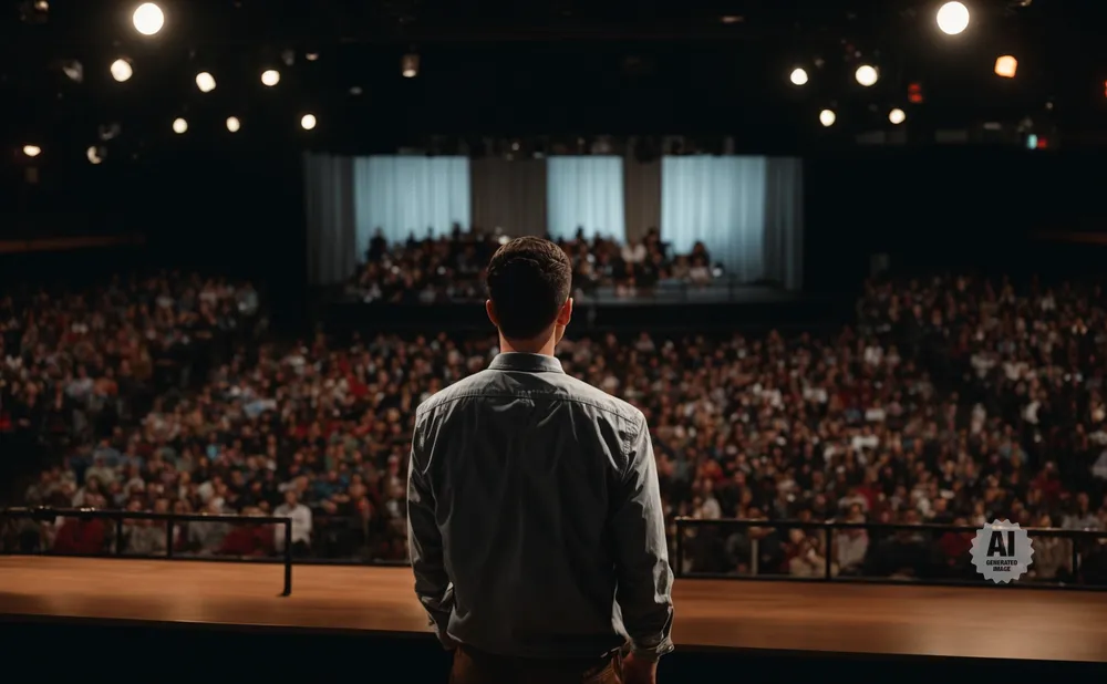 Man on stage facing a large, blurred audience in a dimly lit theater.