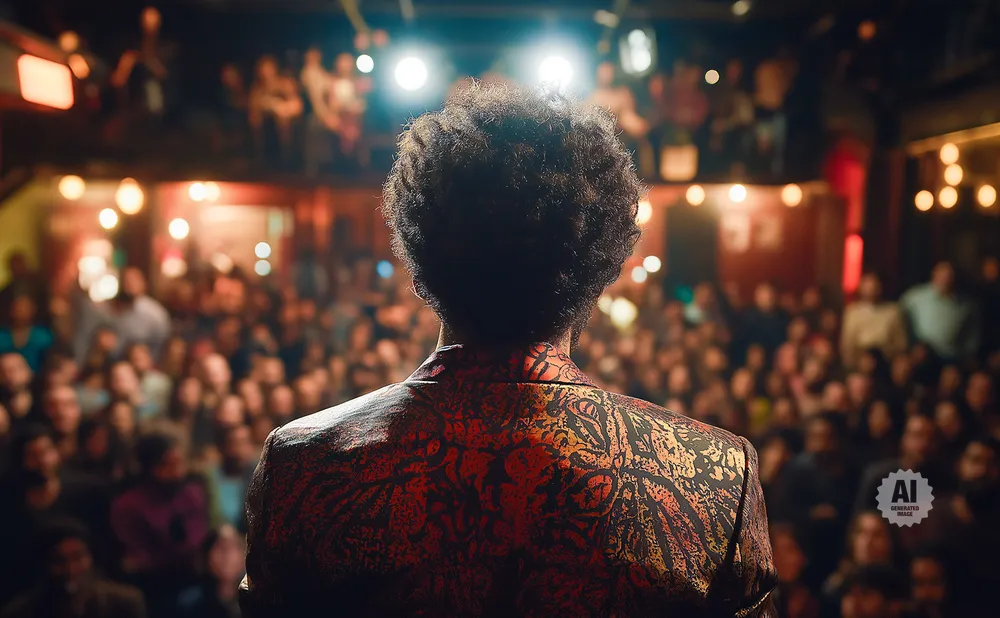 A person with an afro stands with their back to the camera, facing a cheering audience in a dimly lit venue.
