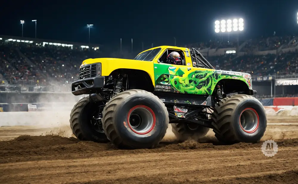 Yellow and green monster truck with a dragon design speeds through dirt at night.