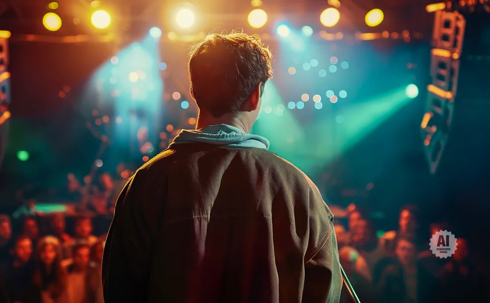 Man on stage facing crowd at a concert, bathed in colorful stage lights.