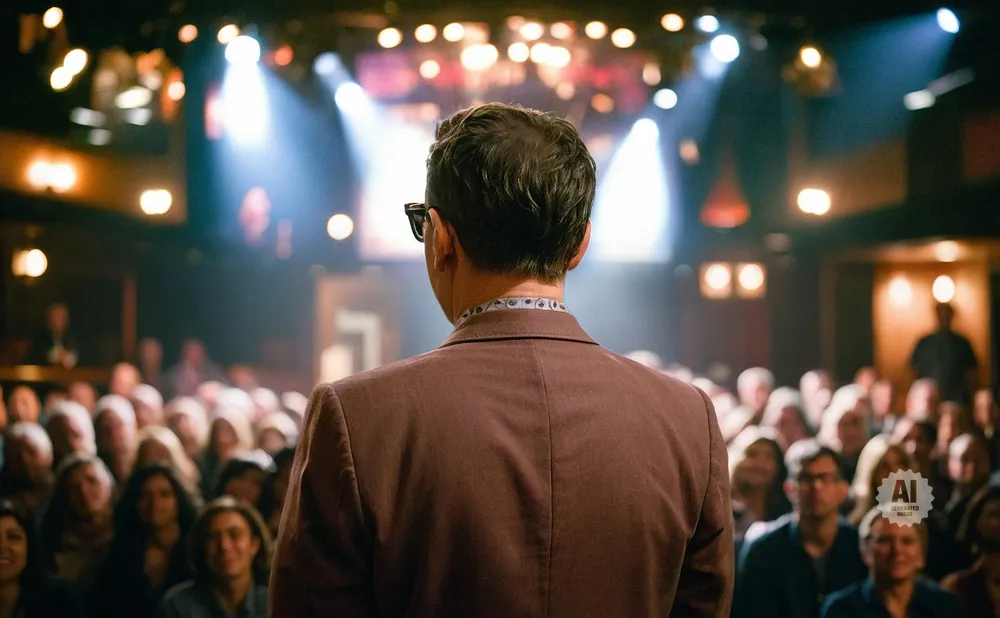 Man in a suit facing an audience under stage lights.