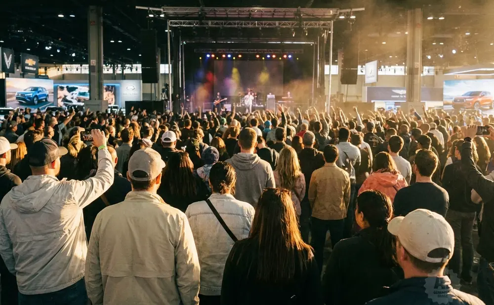 A crowd of people watches a band perform on stage at a bright, indoor event.