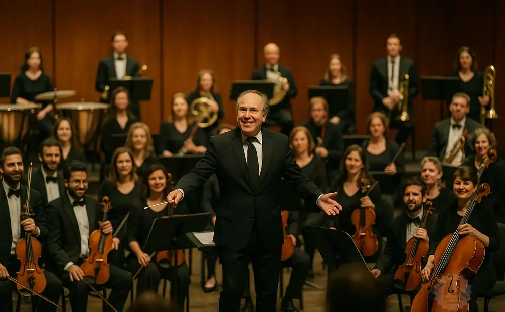 Conductor smiles and gestures to orchestra musicians playing violins, cellos, and brass instruments.