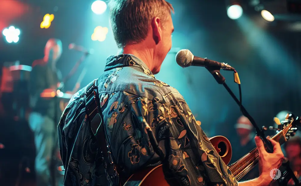 A musician in a patterned shirt plays guitar on stage with a microphone.