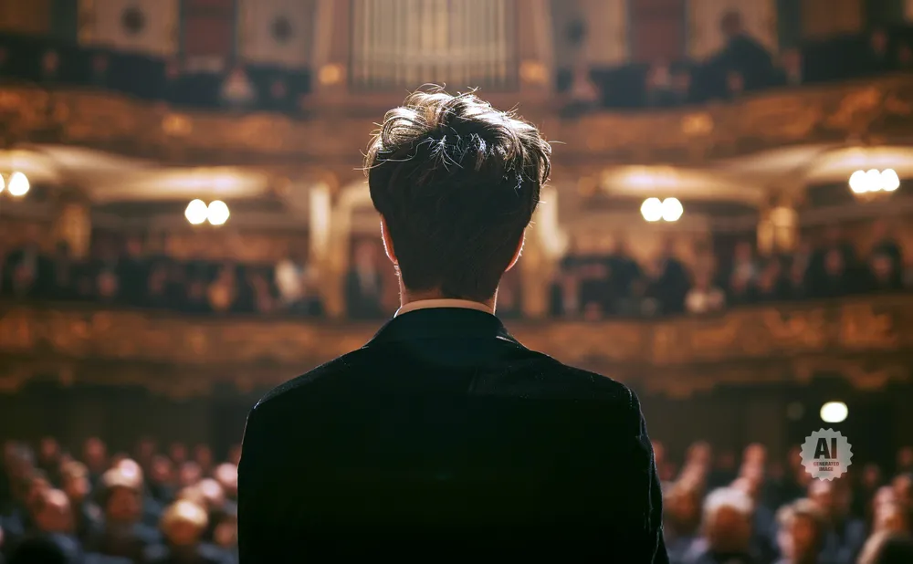 Back of a person in a suit facing a seated audience in a grand theater.