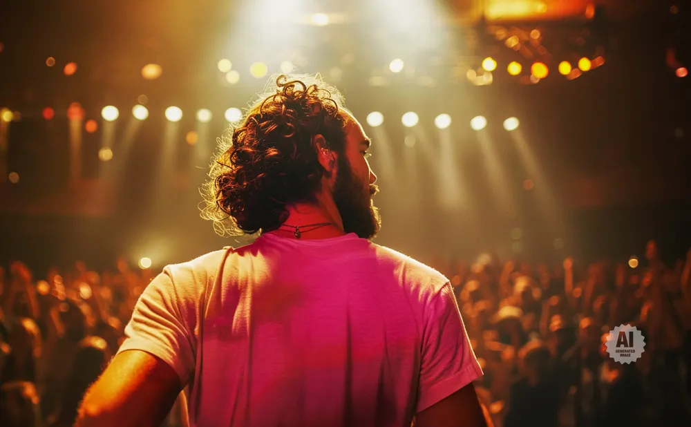 Man with curly hair facing a cheering crowd on a stage bathed in warm light.