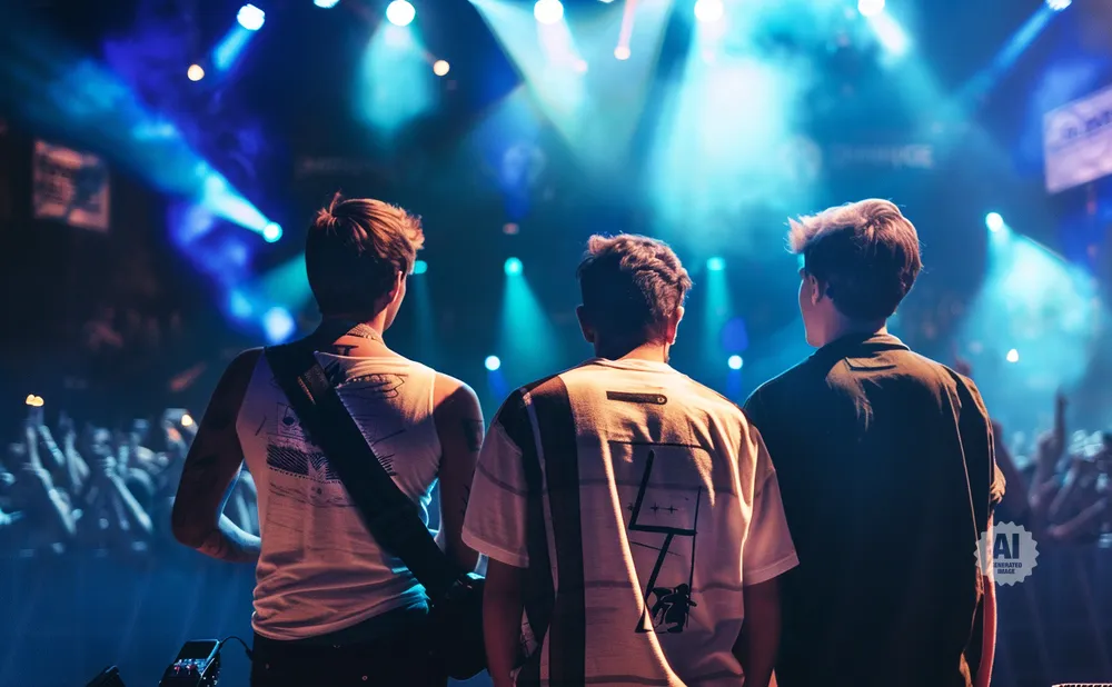 Three men stand on stage with their backs to the camera, bathed in blue and white stage lights.