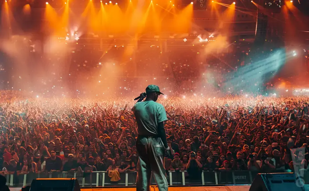 A performer on stage faces a massive, cheering crowd at a concert, illuminated by vibrant orange stage lights.