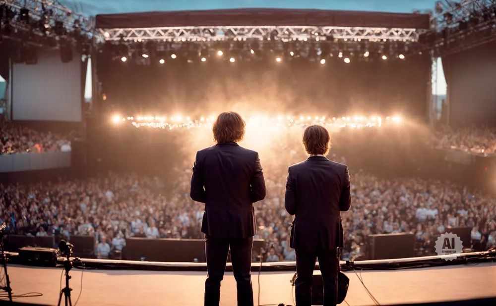 Two men in suits stand on a stage looking out at a large, cheering crowd during a concert.