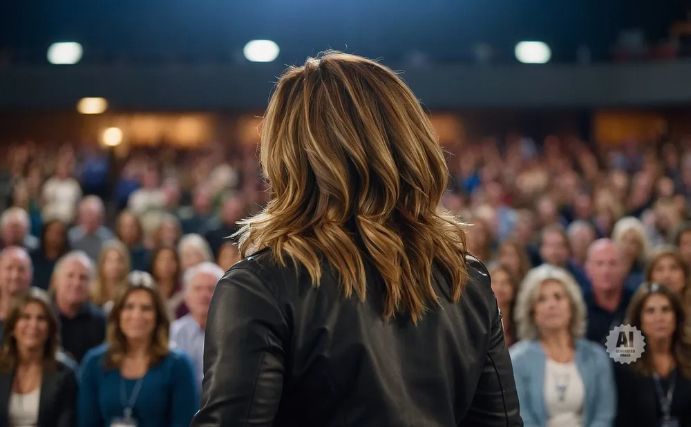 Woman in black jacket facing an audience in a dimly lit room.