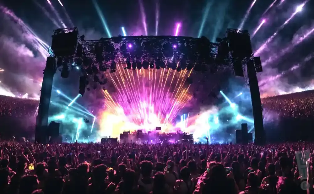 A vibrant outdoor concert with a massive crowd enjoying a spectacular light show and fireworks.