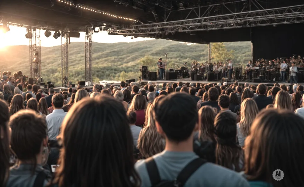 An outdoor concert with a band playing on stage to a crowd of people at sunset.
