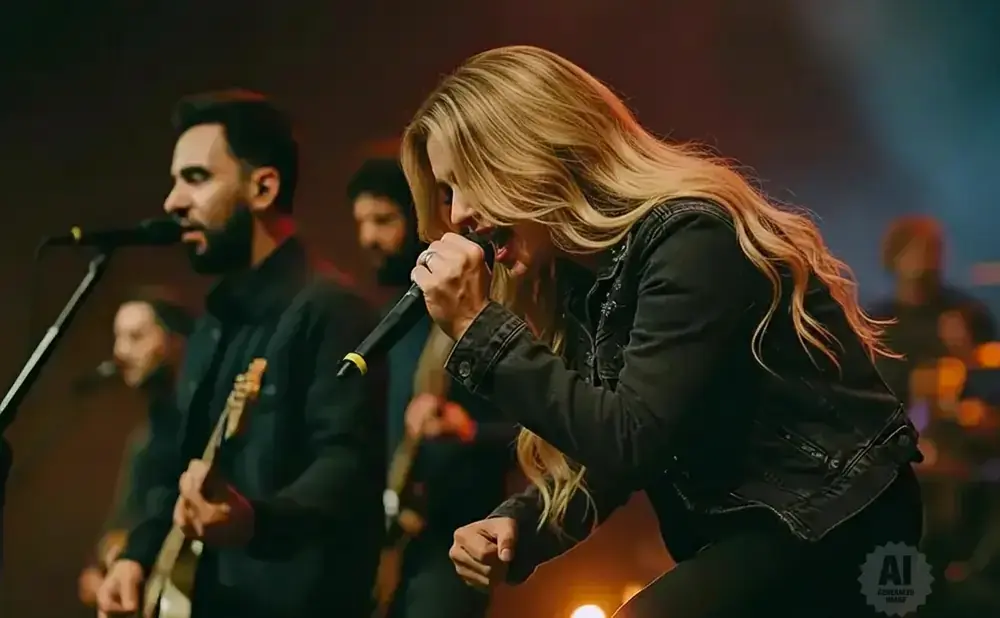 A female singer with blonde hair performs on stage, holding a microphone, with a band playing behind her.