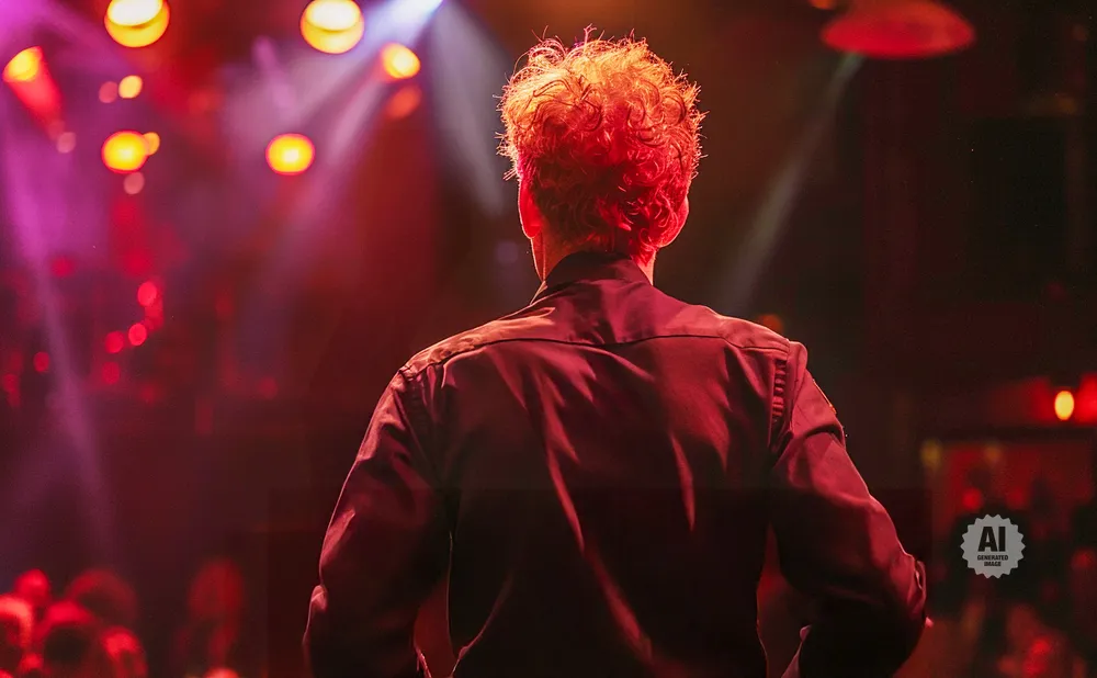 Back view of a man with curly red hair on stage, illuminated by red and pink lights.