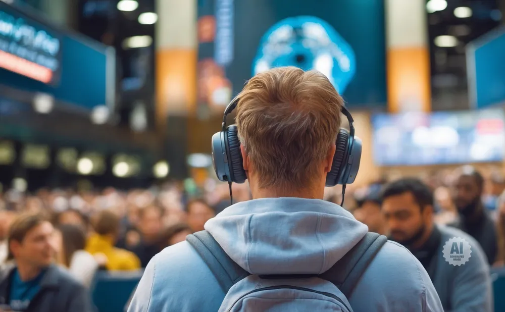 A person wearing headphones and a backpack stands with their back to the camera, facing a blurred crowd and screens.