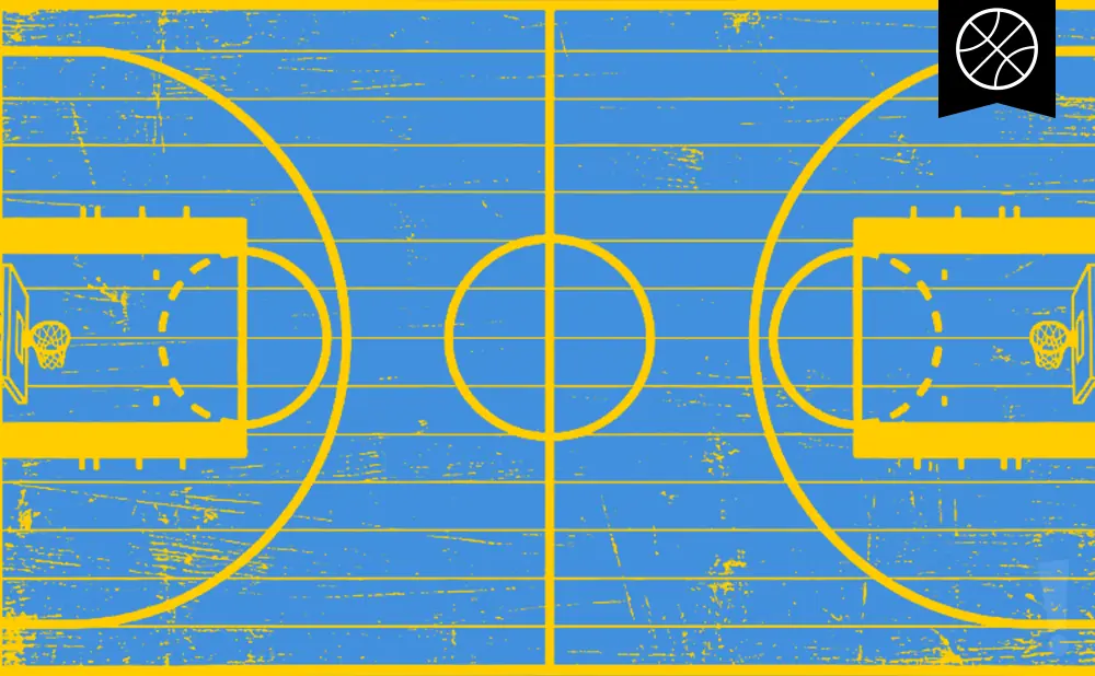 A blue and yellow stylized basketball court with a basketball icon in the upper right corner.
