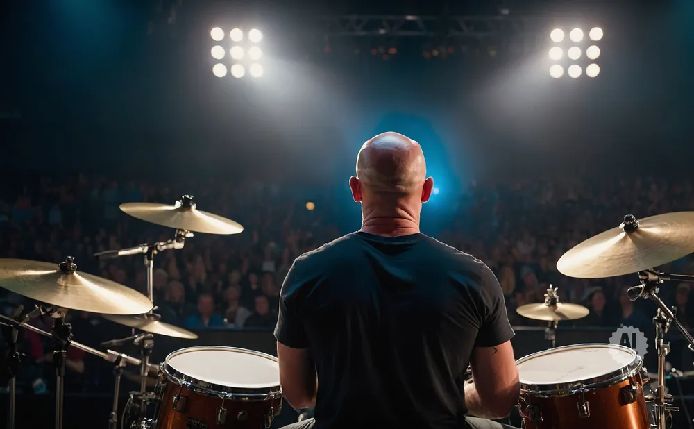 A bald drummer plays a drum set on stage, with a crowd in the background.