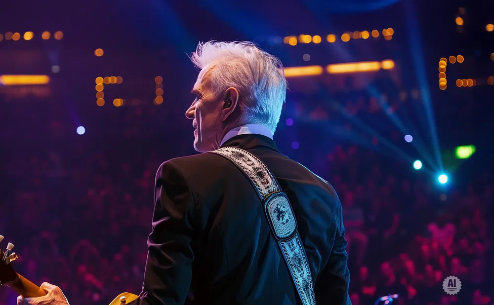 A man with white hair plays a guitar on a stage with a crowd in the background.