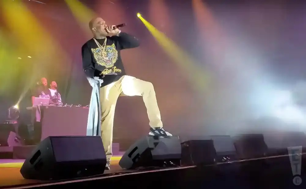 Rapper performs on stage in a black tiger graphic sweatshirt and tan pants, with spotlights and smoke.