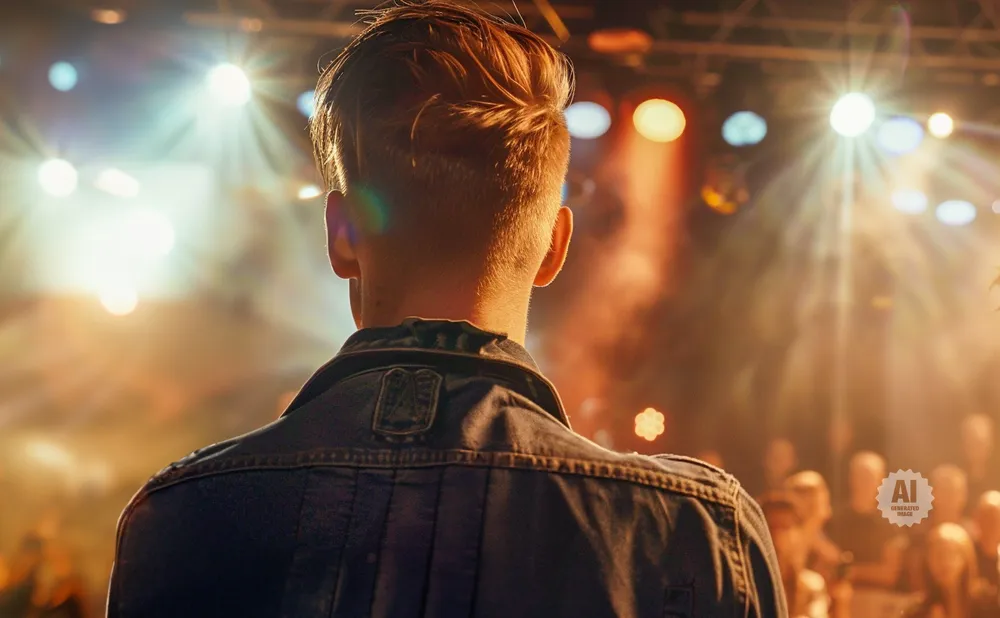 Man in denim jacket faces a crowd with bright stage lights behind him.